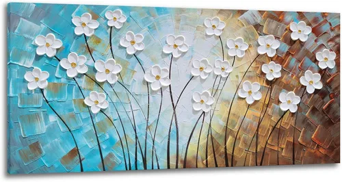 Miniatura 10 de YHSKY ARTS - Pinturas de flores blancas al óleo con textura pintada a mano, lienzo moderno y colorido, arte de pared contemporáneo, imágenes