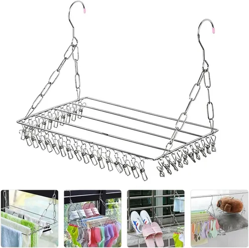 Miniatura 9 de Cabilock Percha de secado de ropa de acero inoxidable: Tendedero de secado de ropa con 36 clips, colgador para secadora de calcetines, ropa