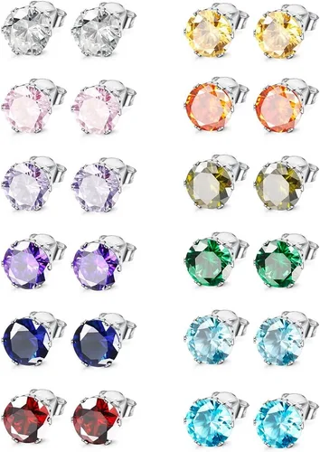 Jstyle Aretes hipoalergénicos para mujeres y hombres, aretes de acero inoxidable quirúrgico con piedra natal, aretes coloridos de circonita cúbica,