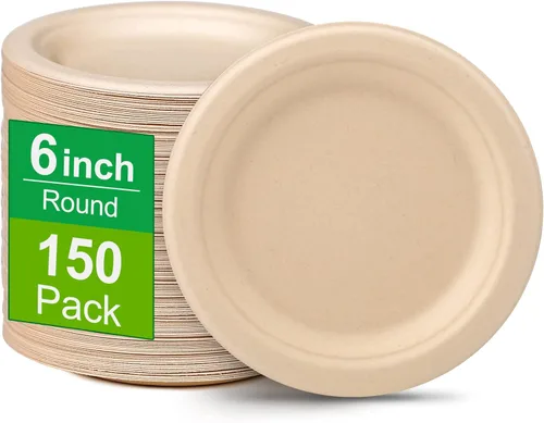 Paquete de 150 platos de papel pequeños de 6 pulgadas, platos 100% compostables, platos desechables ecológicos, platos de papel marrón para