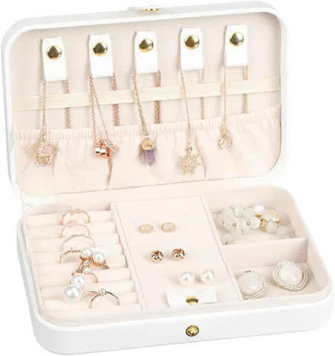 Miniatura 16 de Joyero pequeño, joyero de viaje portátil para mujer, mini organizador de viaje de 2 capas, regalo para mujeres y niñas, negro A