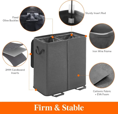 Miniatura 2 de Lifewit Cesta de lavandería doble con tapa y bolsas de lavandería extraíbles, gran plegable, 2 divisores, cesta de ropa sucia con asas para Negro