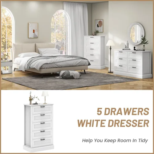Miniatura 3 de biukpci Cómoda blanca con 5 cajones, almacenamiento vertical para dormitorio, cómoda alta de madera para pasillo, cómoda alta de madera con cajones