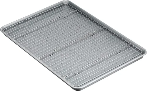 Amazon Basics Juego de bandeja para hornear de cerámica antiadherente y rejilla de enfriamiento, sin tóxicos, tamaño de media hoja - 1 paquete, gris