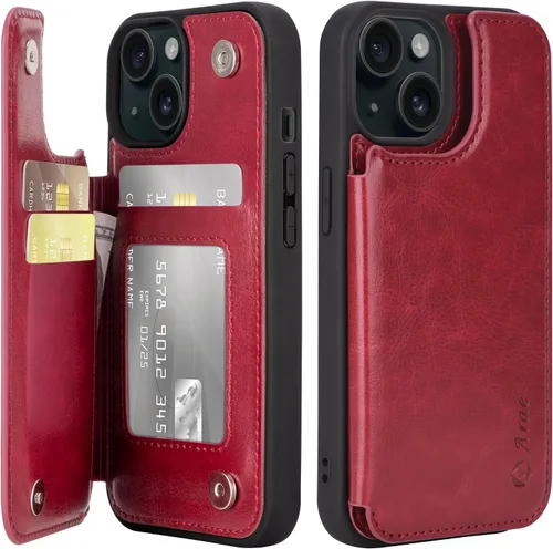 Miniatura 9 de Arae Funda para iPhone 13 con tarjetero - Funda tipo cartera con bolsillos para tarjetas de piel sintética con tapa trasera para iPhone 13 de 6.1