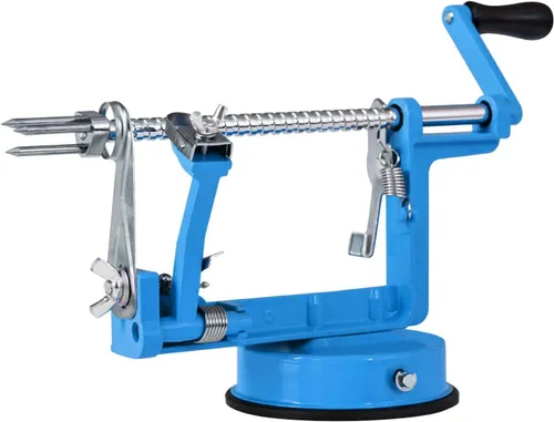 Pelador de manzanas, cortador de patatas 3 en 1, acero inoxidable resistente con base de ventosa (azul)