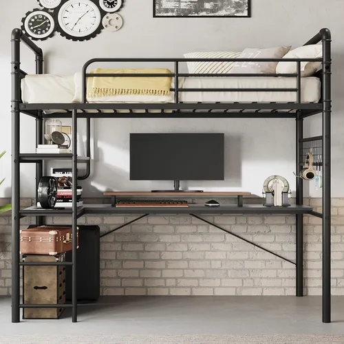 IDEALHOUSE - Cama tipo loft tamaño individual con escritorio en forma de L, cama alta de metal con 2 estantes abiertos y malla decorativa, cama alta