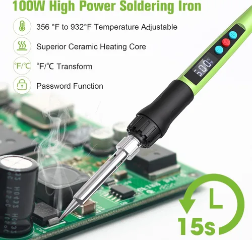Miniatura 5 de Kit de soldador, kit de pistola de soldadura digital LED de 100 W con calentador de cerámica, herramientas de soldadura de temperatura ajustable
