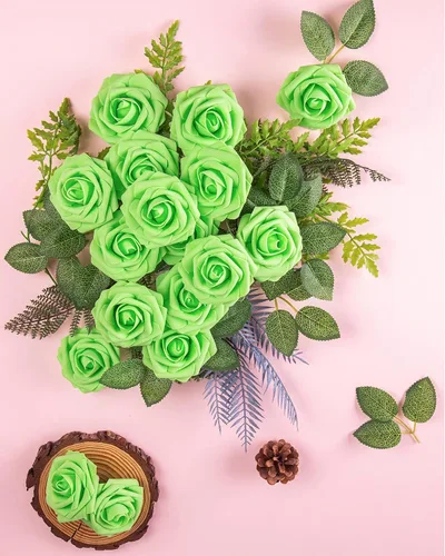 Miniatura 4 de DuHouse 25 rosas artificiales con tallos, flores de espuma de tacto real para bricolaje, ramo de boda, fiesta, centro de mesa, arreglo floral, Verde