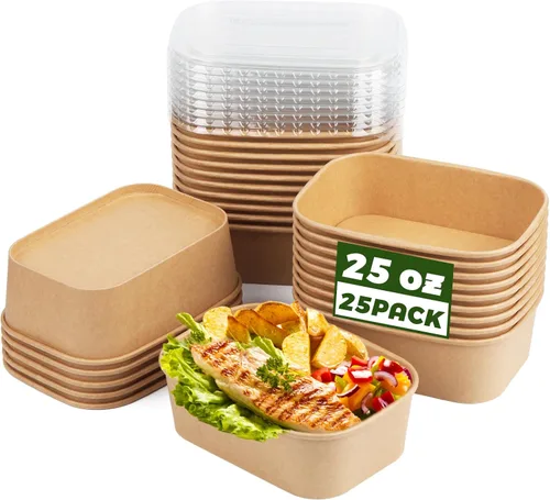 Miniatura 15 de Paquete de 25 cuencos de papel de 19 onzas, recipientes desechables con tapas, cuencos rectangulares desechables con tapas, cuencos de ensalada