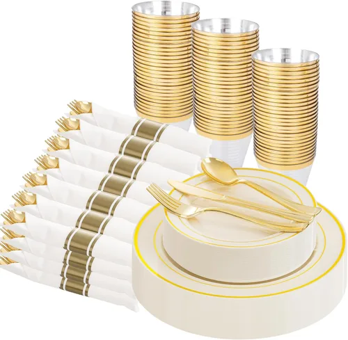 Miniatura 24 de WELLIFE 350 platos de plástico dorado transparente, 100 platos desechables, 150 cubiertos de plástico, 50 tazas, 50 servilletas para bodas y fiestas