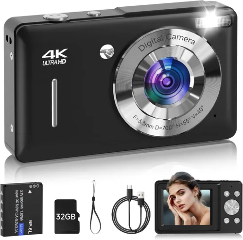 Cámara digital para niños, FHD 1080P 44MP Cámara digital de punto y disparo con detección de rostros, captura de sonrisas, zoom 18X, 20 filtros,