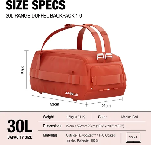 Miniatura 3 de Blackbriar Range Duffel - Mochila convertible color rojo marciano de 30 litros, con acceso magnético patentado, partición modular en S, garaje