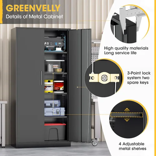Miniatura 9 de Greenvelly Armario de almacenamiento de metal de 72 pulgadas de alto con 2 puertas y 4 estantes ajustables, gabinete de metal negro con cerradura