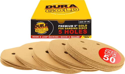 Miniatura 9 de Dura-Gold - Premium - Grano 80 - Discos de lija dorados de 5 pulgadas - Gancho y bucle sin polvo de 5 agujeros para lijadora DA - Caja de 50 discos