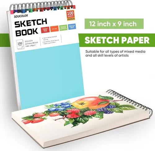 Miniatura 6 de Soucolor - Cuaderno de bocetos de 9 x 12 pulgadas, paquete de 1 de 100 hojas, encuadernado en espiral, libre de ácido (68 libras/100 g/m²), bloc