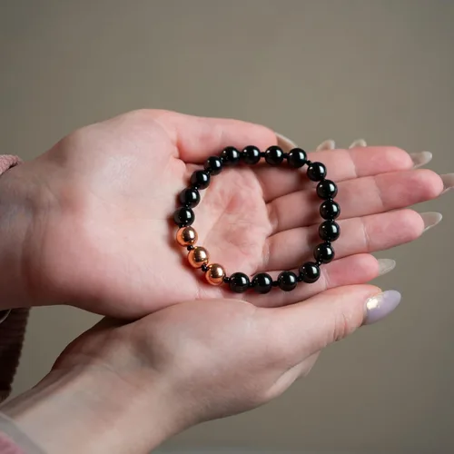 Miniatura 6 de Karelian Heritage Shungite Stones Elastic Stretchy Bracelet with 3 opper Plated Beads Authetic Shungite Crystal Jewelry Protective Powerful