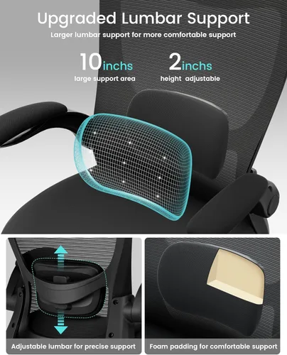 Miniatura 5 de MUXX.STIL Silla de oficina, silla de escritorio ergonómica con soporte lumbar ajustable y reposabrazos abatibles, silla de computadora de malla Negro