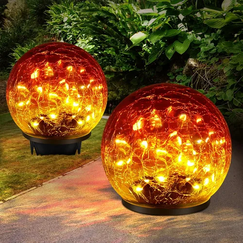 2 Pack 60 LED Luces solares de jardín para exterior, decorativas, luces de globo de vidrio agrietado con gradiente rojo, luces de bola impermeables