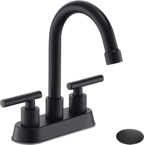 Grifos de baño negros, grifo de lavabo de baño de 2 asas, grifo de lavabo de baño central de 4 pulgadas con drenaje desplegable y líneas de Negro