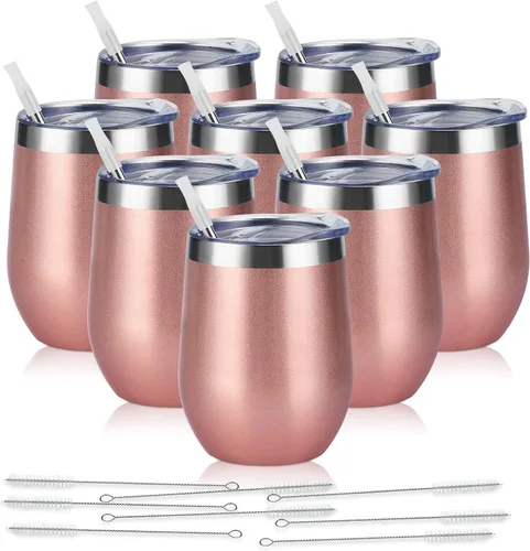 Miniatura 16 de Paquete de 12 vasos de vino de acero inoxidable, 12 onzas, doble pared, aislados al vacío, con tapas y pajitas, copas de vino sin tallo de acero Oro