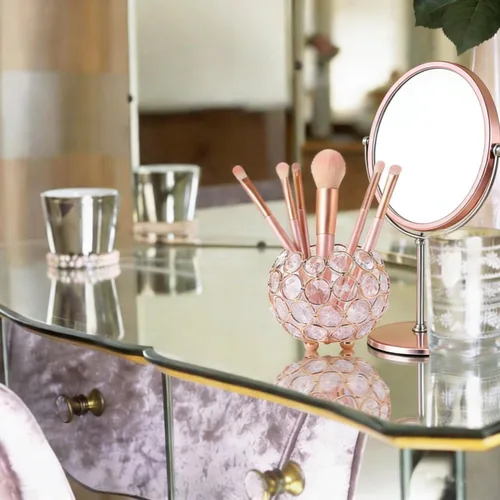 Miniatura 7 de Crystal Beads Makeup Brush Holder, Handcrafted Cosmetics Makeup Brushes Cup Organizer Vanity Decor, Candle Holder Decoration Tray(Gold)
