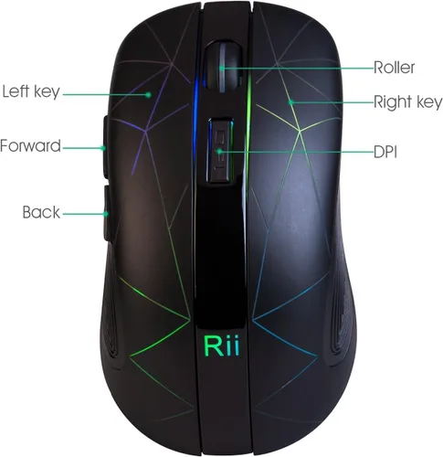 Miniatura 3 de Rii Ratón inalámbrico RM200 2.4G con receptor nano USB, mouse recargable de 5 botones, mouse RGB retroiluminado colorido para juegos para portátil