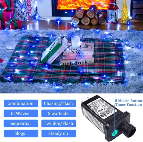 Miniatura 2 de JMEXSUSS Guirnalda de luces de Navidad de 200 LED azules y blancas, 66 pies, de exterior, expansible, para árbol, fiesta o decoración de hogar