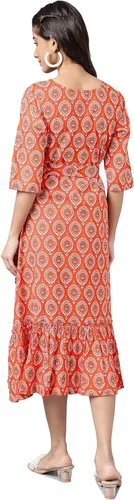 Miniatura 8 de Janasya Vestido con volantes estampado de motivos étnicos de algodón naranja para mujer india