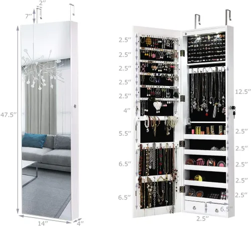 Miniatura 69 de Giantex Armario de joyería para puerta de pared con espejo de longitud completa, 2 LED con cerradura grande organizador de joyas con espejo ancho