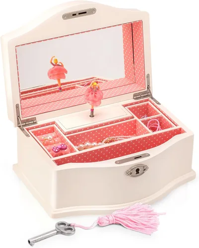 Elle Joyero Organizador de joyas de bailarina y caja de música de cuerda Swan Lake para niñas y adolescentes, accesorios y almacenamiento de madera
