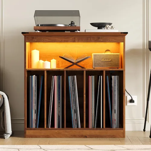 Miniatura 2 de MHOM Farmhouse - Soporte grande para tocadiscos con tomas de corriente y luces LED, soporte para discos de vinilo con capacidad para hasta 150