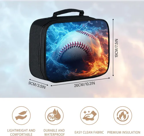 Miniatura 2 de Lonchera para niños, con aislamiento de béisbol, para niños, adolescentes, niños y niñas, con bolsillo con cremallera, bolsa de almuerzo portátil