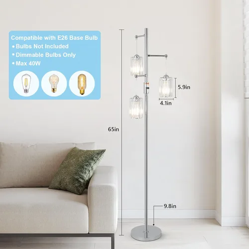 Miniatura 6 de Lámpara de pie moderna de cristal para sala de estar, lámpara de pie regulable de 3 luces, lámpara de árbol industrial plateada con pantalla