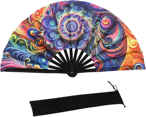 Miniatura 30 de HeyToo Ventilador de mano grande para mujeres/hombres, con brillo UV, para Drag Queen, cosplay, EDM, club, fiesta, música, festival, baile, Cuadrado