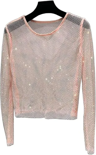 Inzegao Camiseta transparente de malla con diamantes de imitación para mujer, de manga larga, cuello redondo, brillante, para discoteca