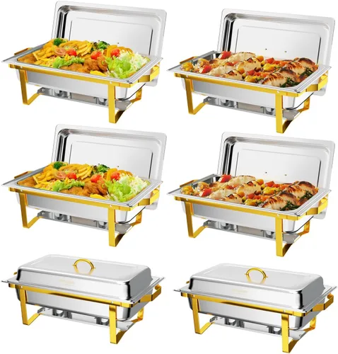 ROVSUN Platos de roce para buffet, paquete de 6 platos de 9 cuartos de galón [elegante oro y plata] con diseño de borde enrollado, juego de