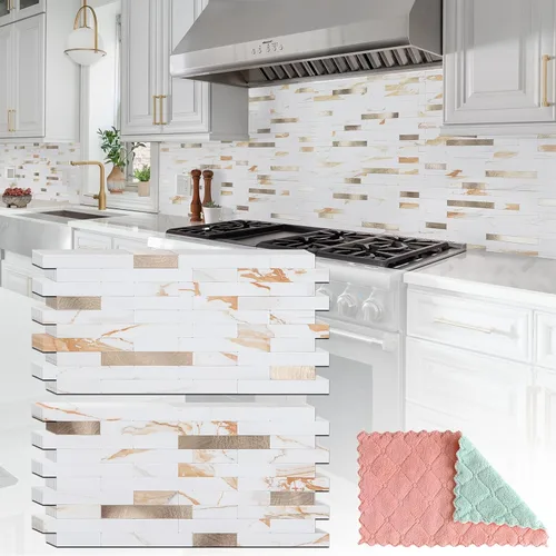 Miniatura 7 de StyloVue 20 hojas para despegar y pegar para cocina, mármol blanco con aspecto de metal plateado que se pega en azulejos para mejorar tu cocina