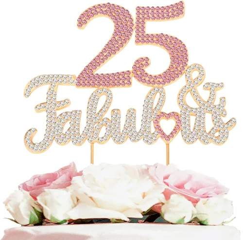 25 y fabulosa decoración de pastel de diamantes de imitación dorados y rosados – Feliz cumpleaños 25 años saluda a 25 años de edad, decoración de