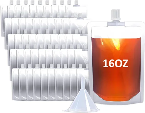 Miniatura 9 de 100 bolsas de bebida de 8 onzas, botella de plástico reutilizable con embudo para beber jugo de bebidas líquidas, bolsas de bebidas de pie para 8OZ