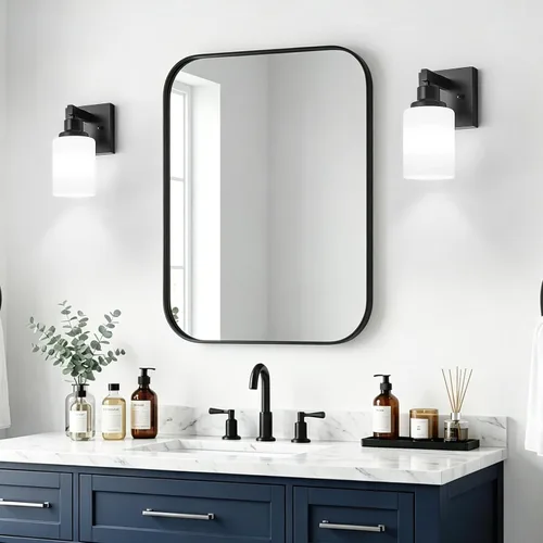 Miniatura 2 de Juego de 2 apliques de pared para baño, 1 luz negra, apliques de pared modernos para interiores con pantallas de vidrio blanco, lámpara de pared