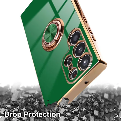 Miniatura 6 de Funda para Samsung Galaxy S23 Ultra 5G, soporte de anillo de rotación de 360° incorporado, soporte magnético, borde chapado brillante de lujo, Verde