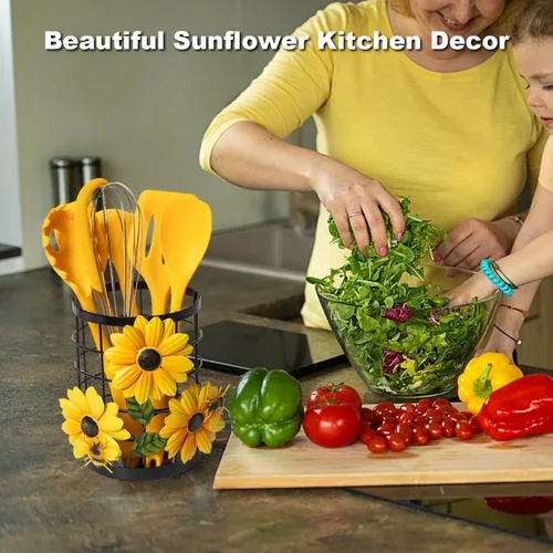 Miniatura 2 de Organizador de utensilios de cocina de girasol con juego de utensilios de cocina de silicona, 6 piezas, soporte para recipiente, decoración
