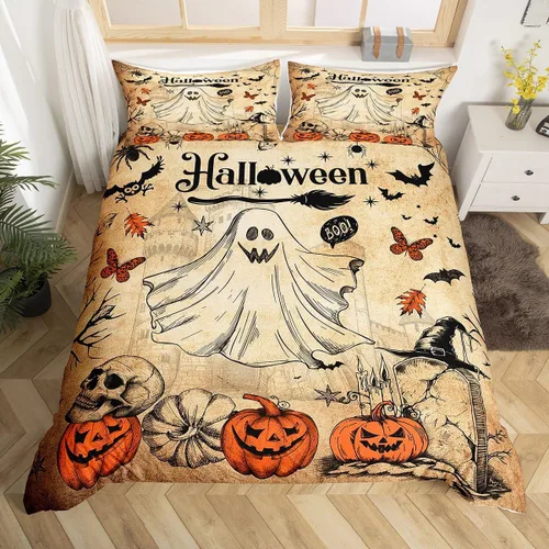Lindo juego de funda de edredón de fantasma, tamaño Queen para niños y niñas, juego de ropa de cama de calabaza y calavera de azúcar, funda de Color