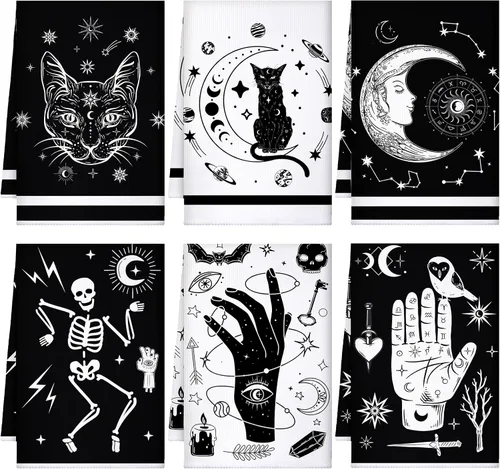 Miniatura 25 de Bencailor - 6 toallas de cocina góticas espeluznantes con tarot, toallas de mano, luna, sol, bruja, té, para fiestas de terror, regalos de baño