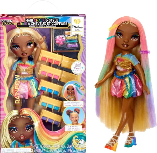 Tiza para cabello y estilo Meline de Rainbow High – Muñeca de 11" arcoíris y dorada. Tiza para cabello lavable de arcoíris, color, estilo, juego,