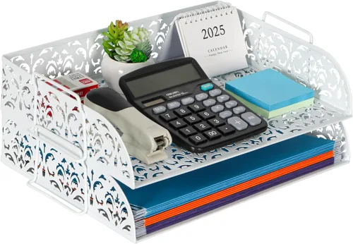 Miniatura 11 de EasyPAG, charola para escritorio de 2 niveles para cartas, diseño calado de flores, Negro
