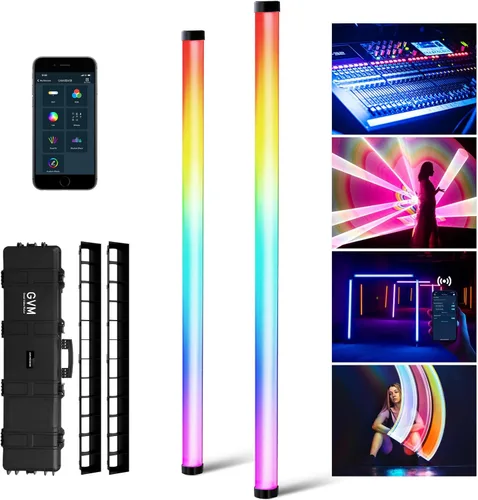 GVM - Tubo de luz RGB con caja de luz, 2 paquetes de luz de varita de mano de 45 W, tubo de luz LED a todo color de 48 pulgadas, luz de palo de
