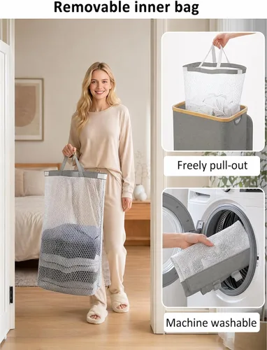 Miniatura 5 de iEGrow Cesto para la ropa sucia con tapa, cesta grande para la ropa sucia de 110 litros con asa y tapa, organizador de ropa plegable con bolsa Gris