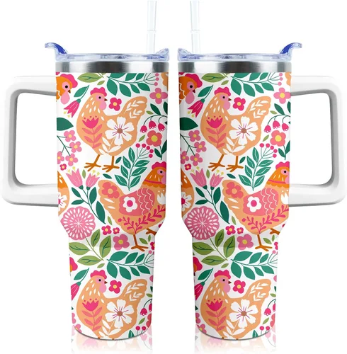 Miniatura 15 de Vaso de 40 onzas con asa y tapa con popote a prueba de fugas, diseño de pollo y gallo, taza de viaje de café con asa aislada para bebidas frías